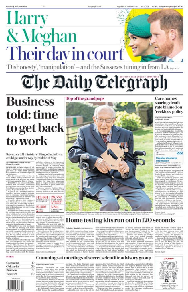 Captain Tom Moore front page Daily Telegraph